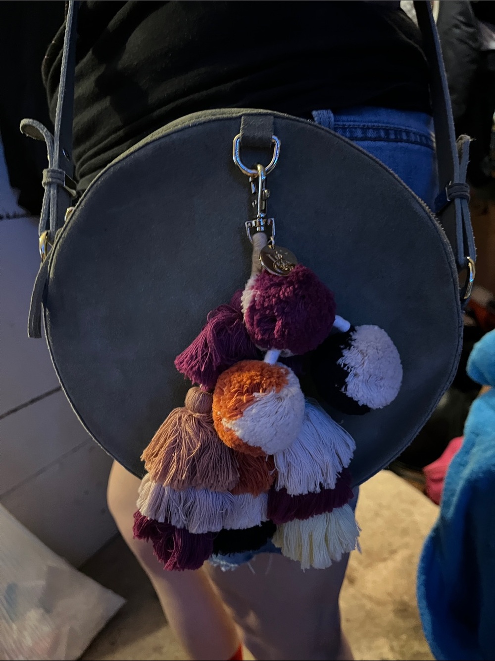 Round Crossbody Bag with Multicolor Tassel Charm